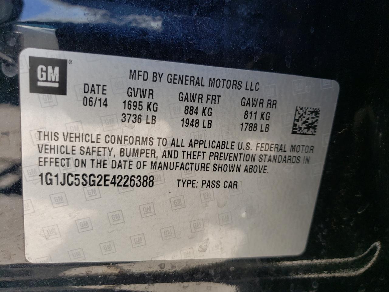 Photo 10 from auction – 2014 CHEVROLET SONIC LT with VIN 1G1JC5SG2E4226388