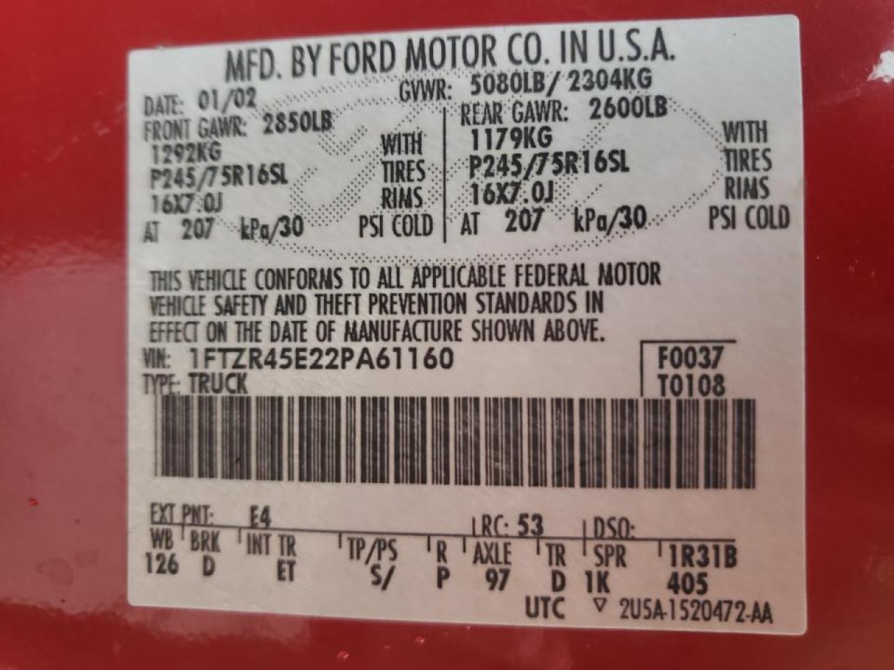 Photo 10 from auction – 2002 FORD RANGER SUP with VIN 1FTZR45E22PA61160