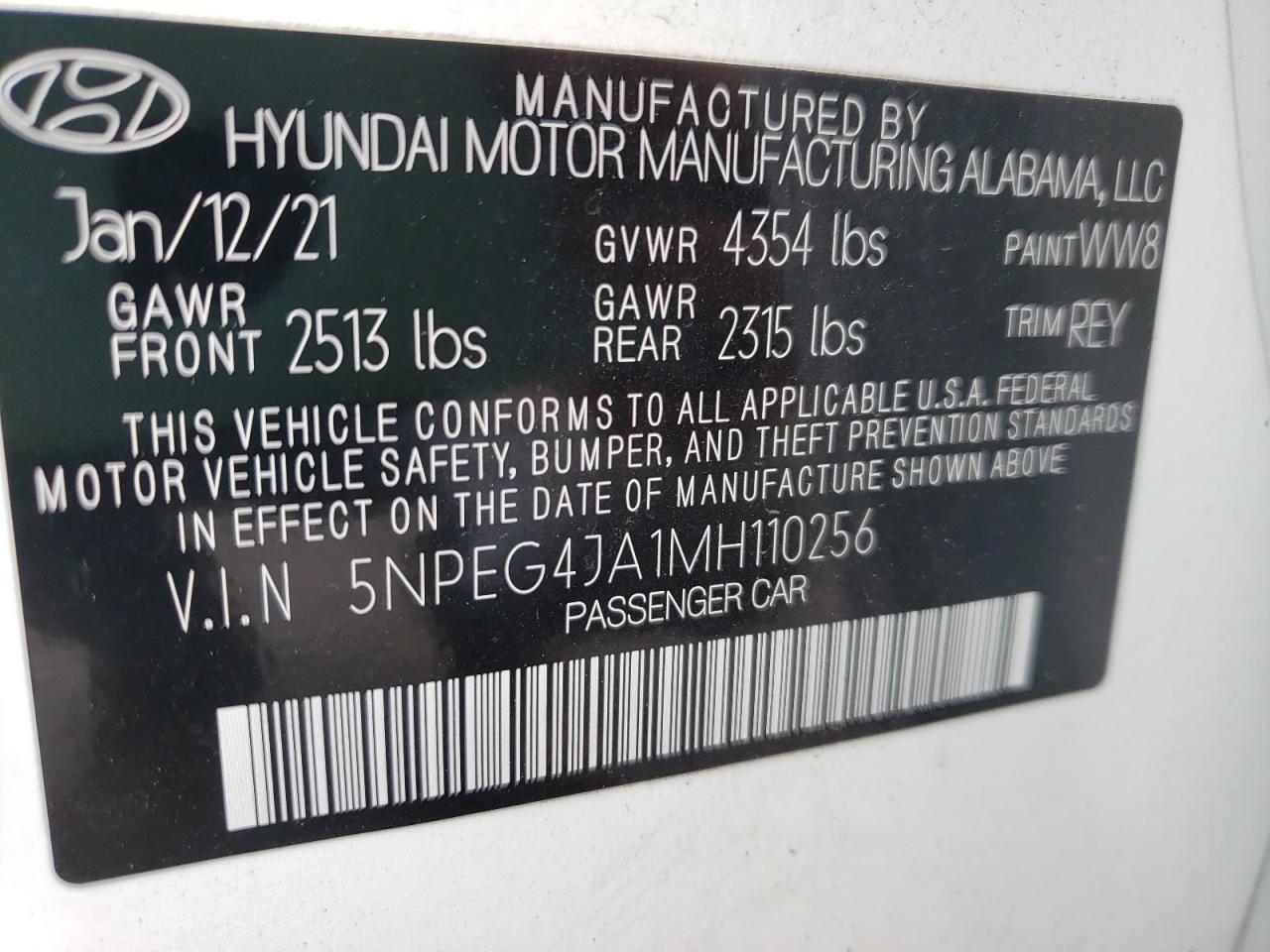 Photo 10 from auction – 2021 HYUNDAI SONATA SE with VIN 5NPEG4JA1MH110256