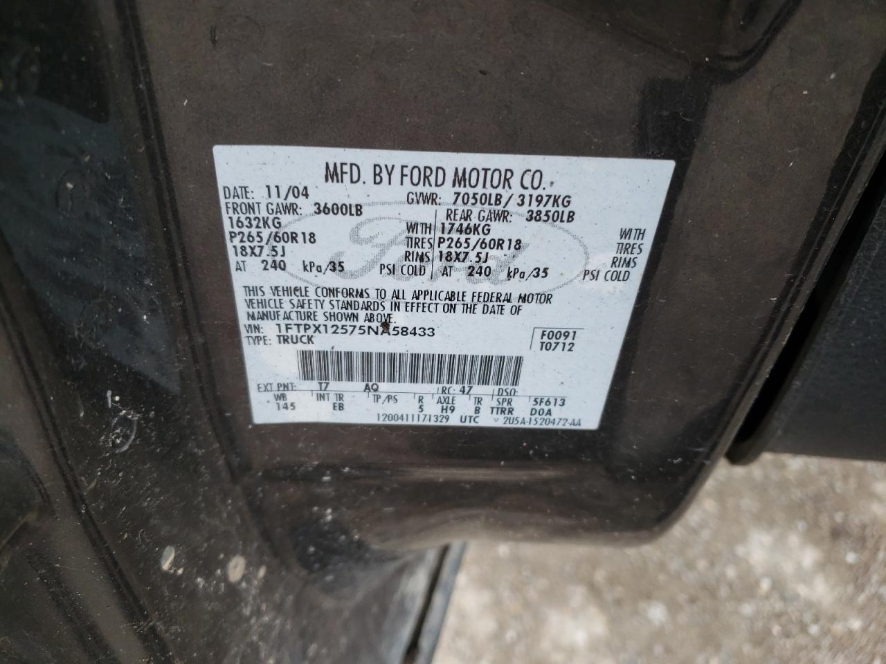 Photo 10 from auction – 2005 FORD F150 with VIN 1FTPX12575NA58433