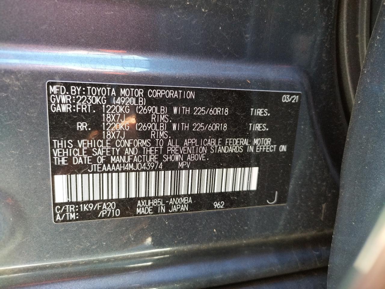 Photo 10 from auction – 2021 TOYOTA VENZA LE with VIN JTEAAAAH4MJ043974