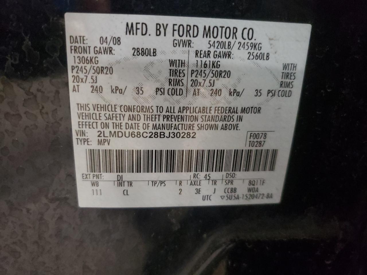 Photo 10 from auction – 2008 LINCOLN MKX with VIN 2LMDU68C28BJ30282