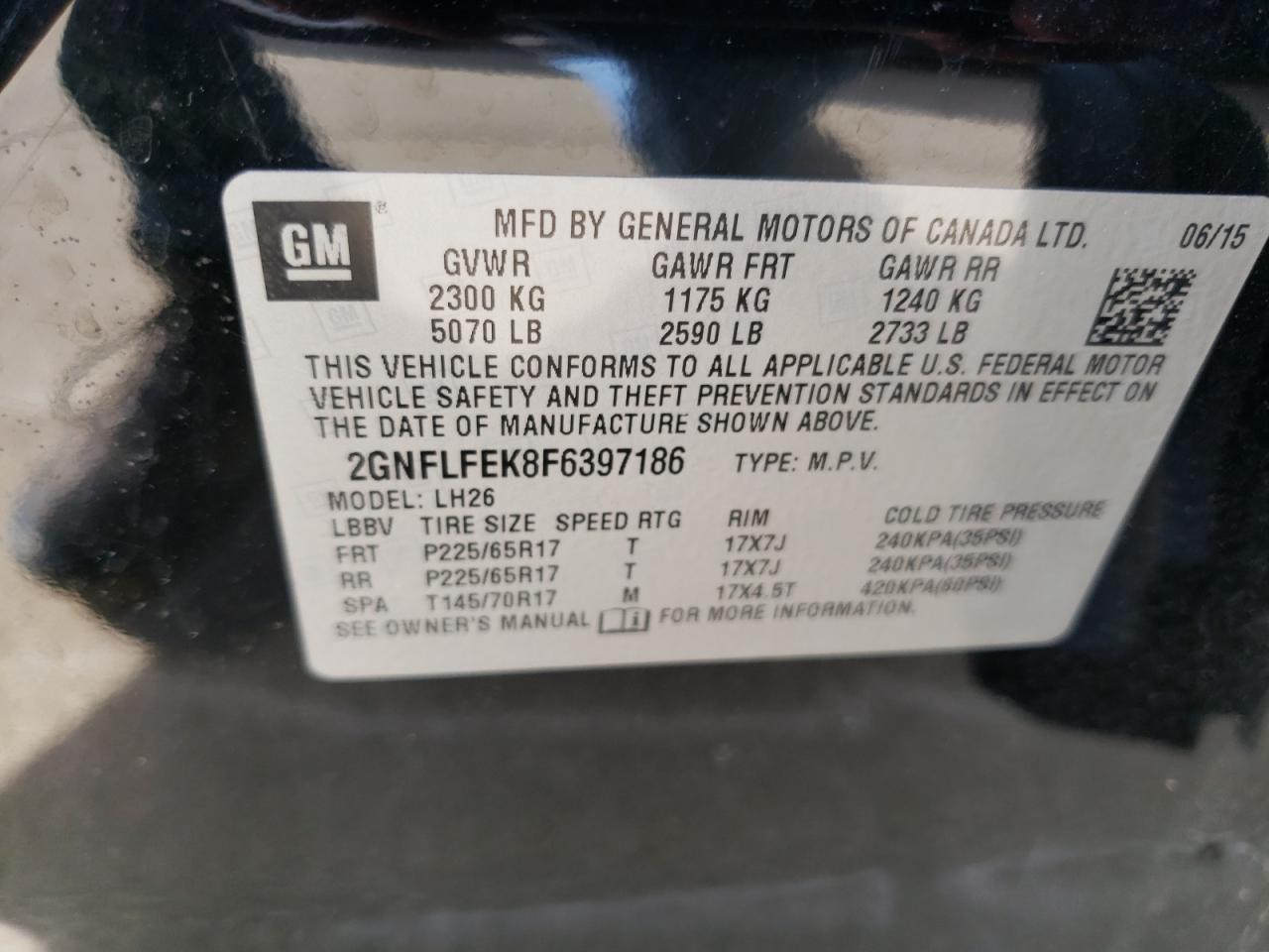 Photo 10 from auction – 2015 CHEVROLET EQUINOX LT with VIN 2GNFLFEK8F6397186