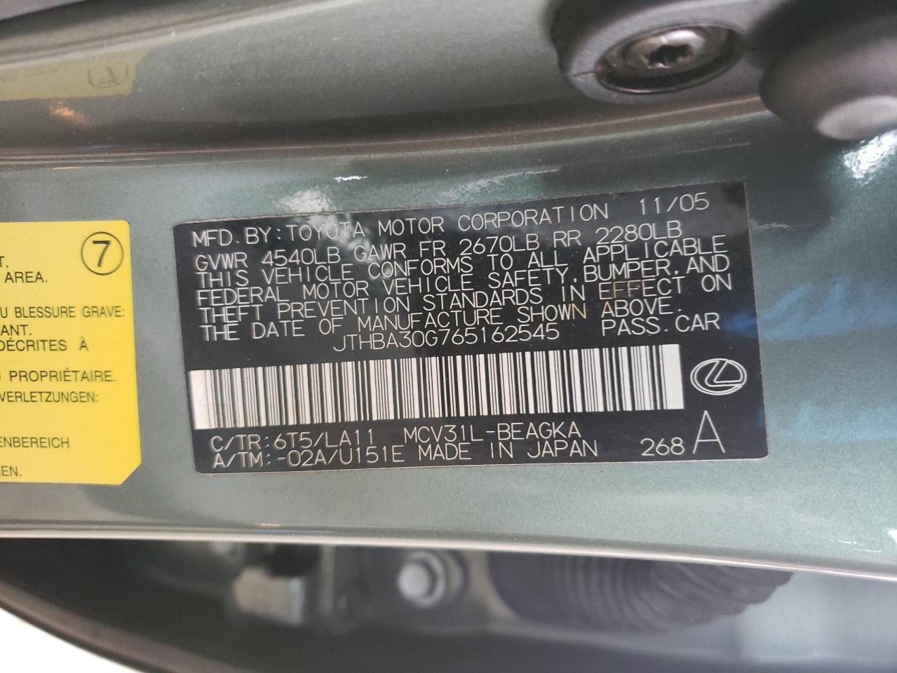 Photo 10 from auction – 2006 LEXUS ES 330 with VIN JTHBA30G765162545