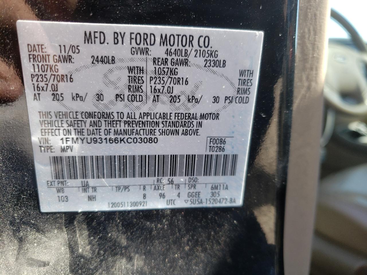 Photo 10 from auction – 2006 FORD ESCAPE with VIN 1FMYU93166KC03080