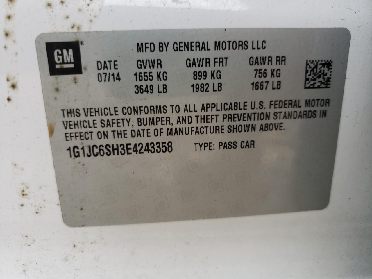 Photo 10 from auction – 2014 CHEVROLET SONIC LT with VIN 1G1JC6SH3E4243358