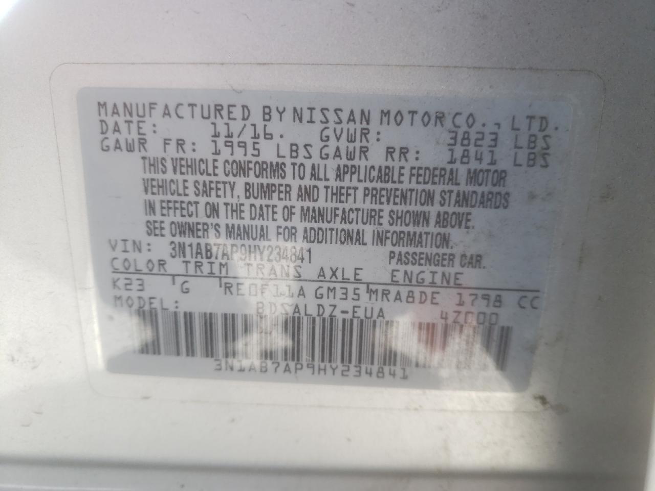 Photo 10 from auction – 2017 NISSAN SENTRA S with VIN 3N1AB7AP9HY234841
