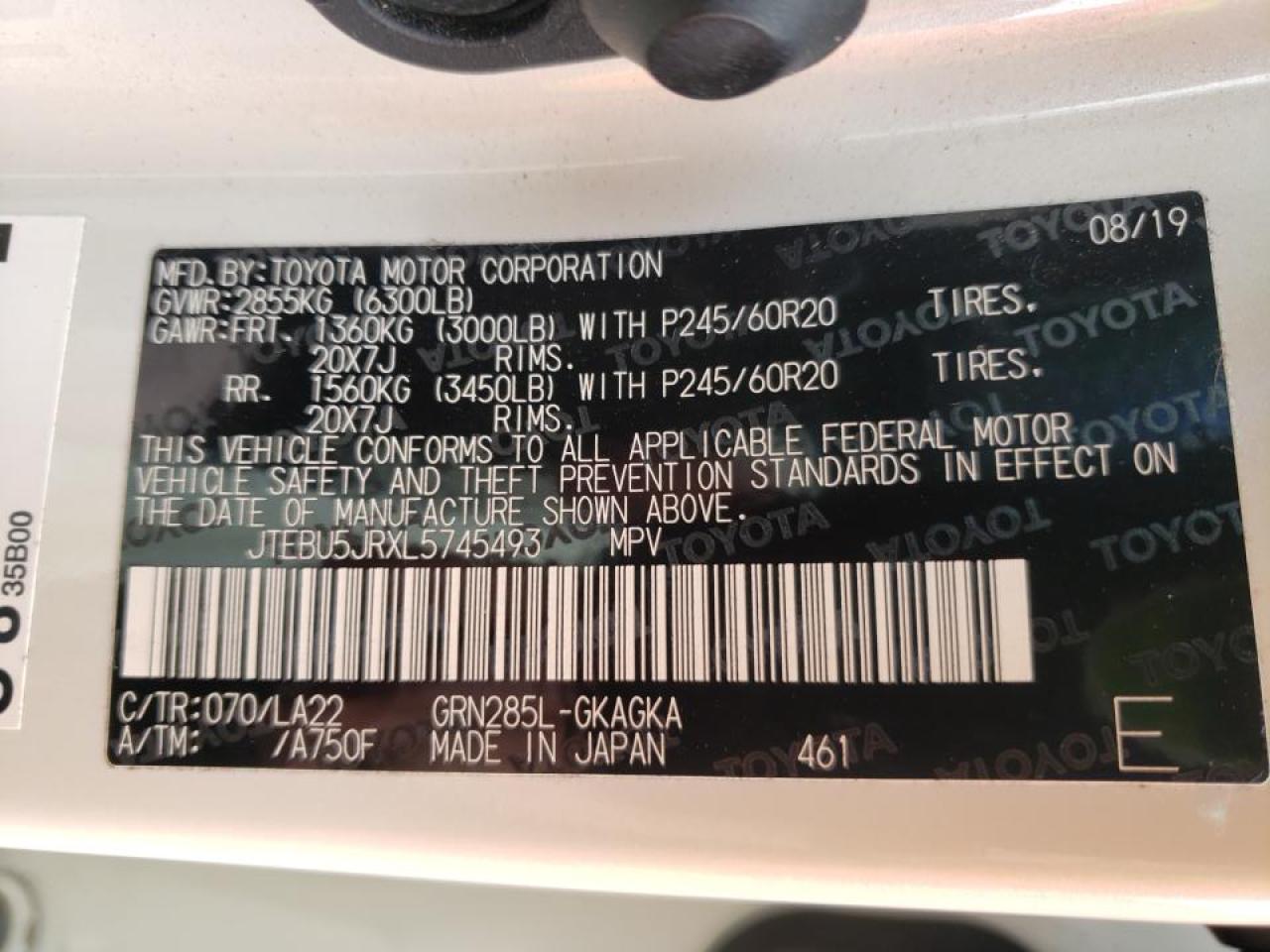 Photo 10 from auction – 2020 TOYOTA 4RUNNER SR with VIN JTEBU5JRXL5745493