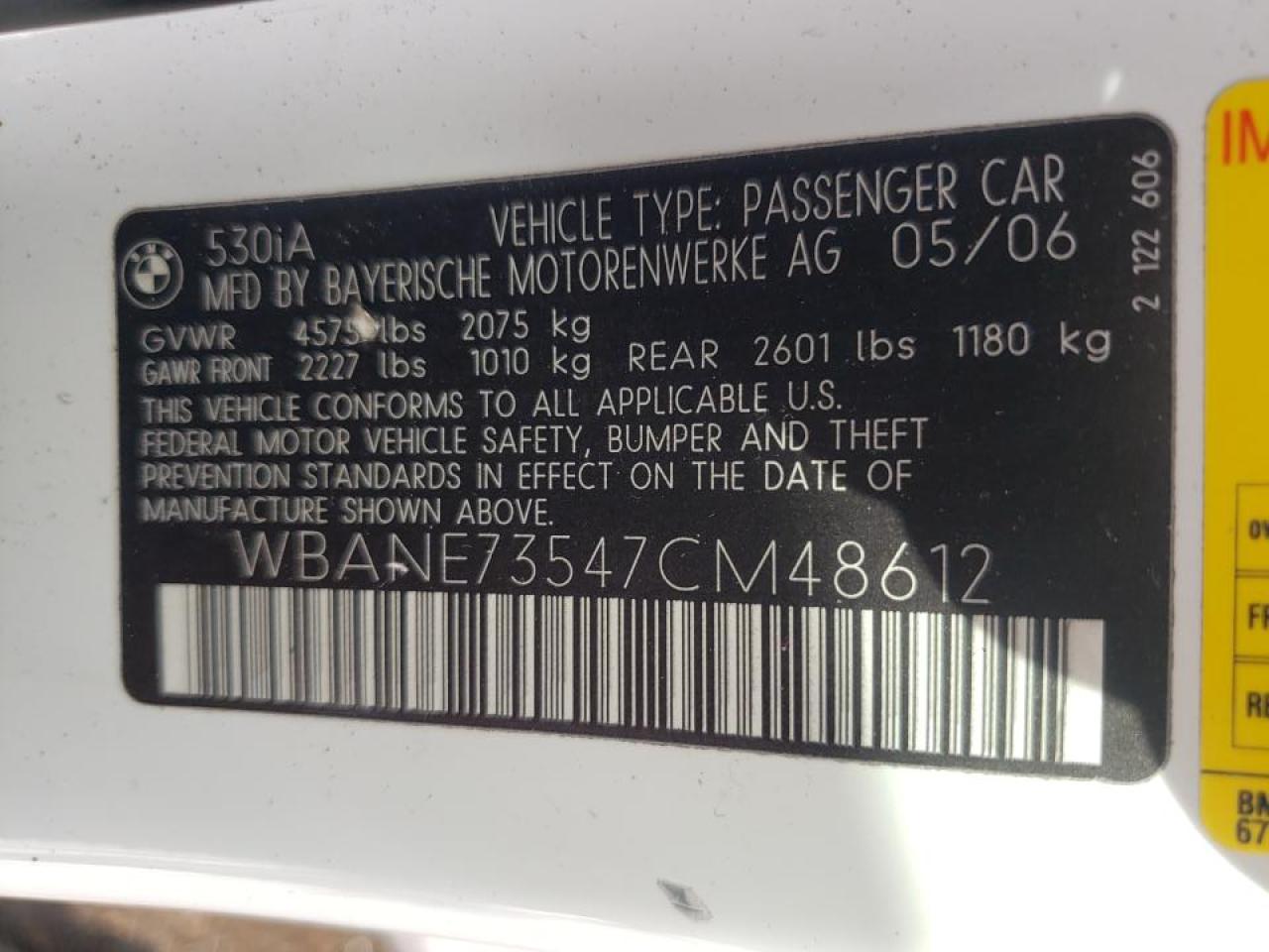 Photo 10 from auction – 2007 BMW 530 I with VIN WBANE73547CM48612