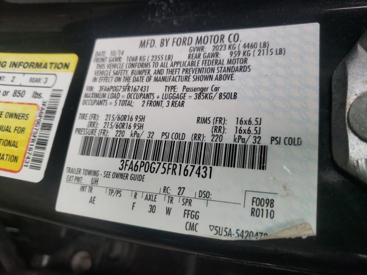 Photo 10 from auction – 2015 FORD FUSION S with VIN 3FA6P0G75FR167431
