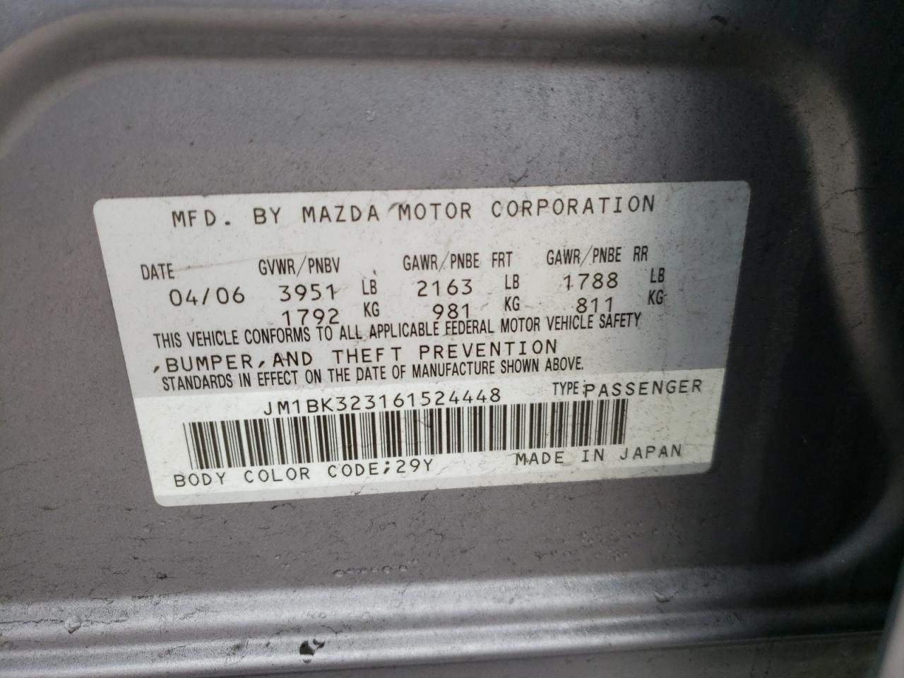 Photo 10 from auction – 2006 MAZDA 3 S with VIN JM1BK323161524448
