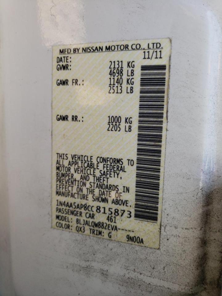 Photo 10 from auction – 2012 NISSAN MAXIMA S with VIN 1N4AA5AP8CC815873