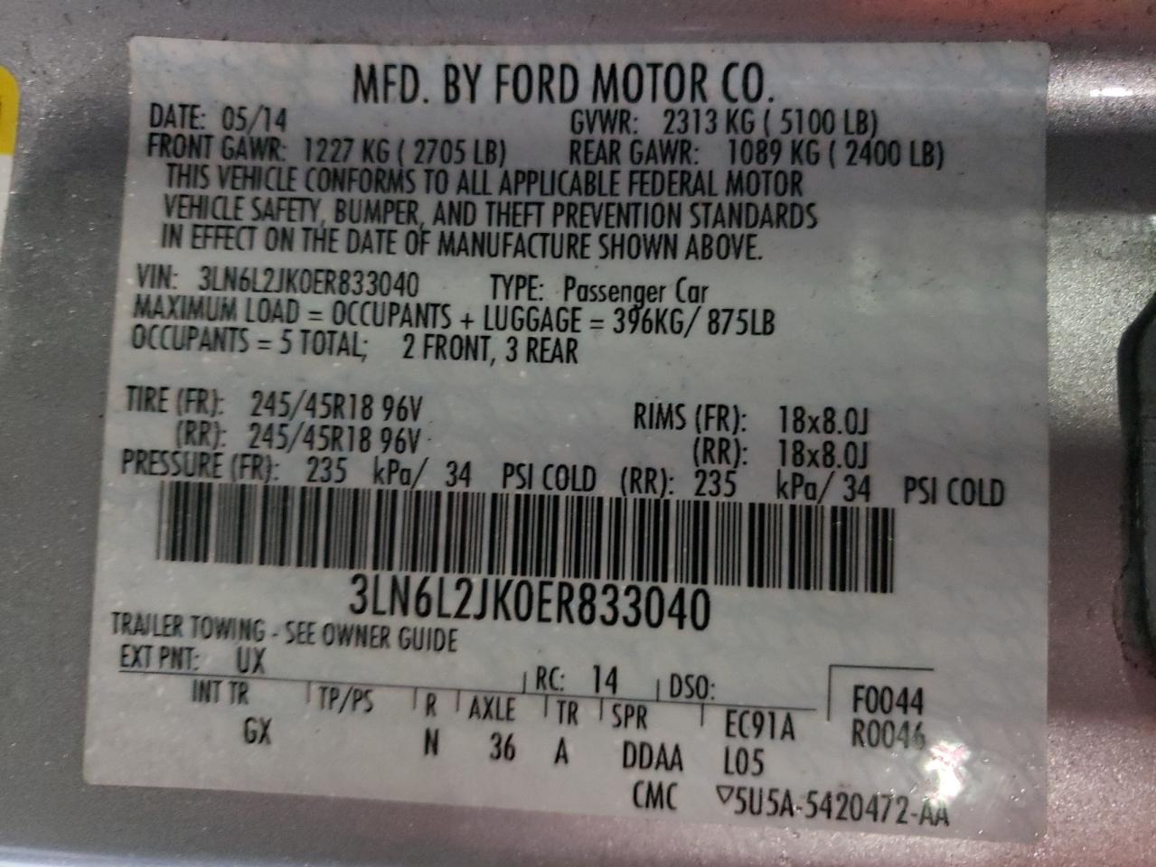 Photo 10 from auction – 2014 LINCOLN MKZ with VIN 3LN6L2JK0ER833040