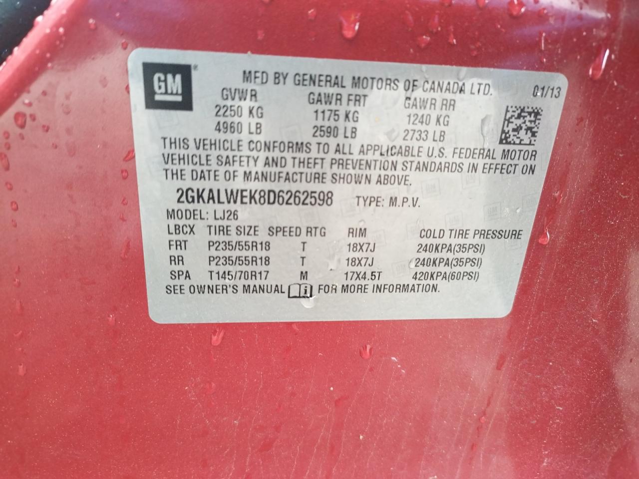 Photo 10 from auction – 2013 GMC TERRAIN SL with VIN 2GKALWEK8D6262598