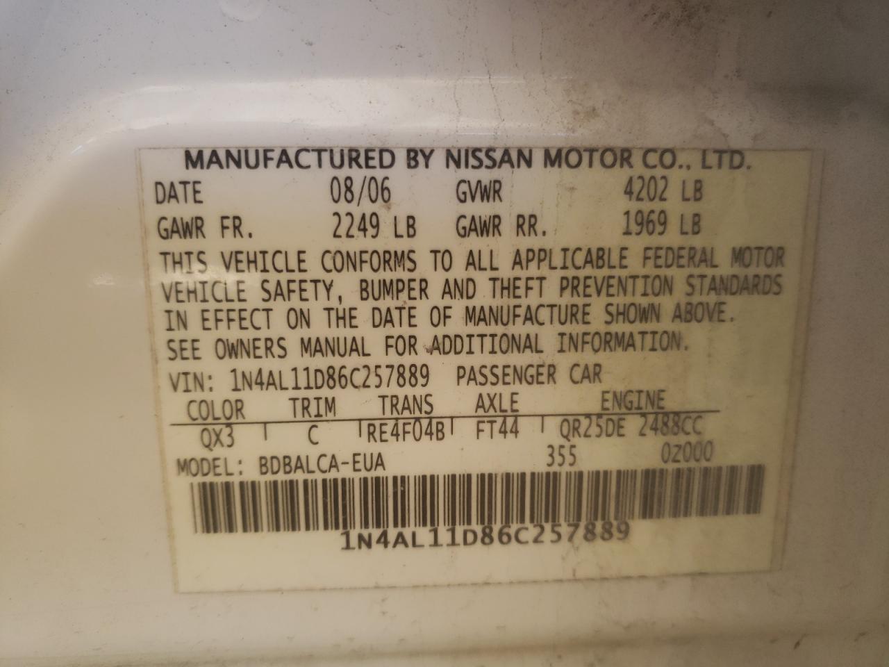 Photo 10 from auction – 2006 NISSAN ALTIMA S with VIN 1N4AL11D86C257889