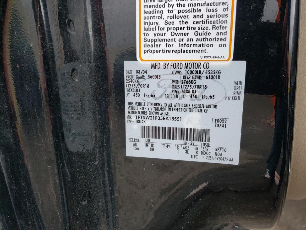 Photo 10 from auction – 2005 FORD F250 SUPER with VIN 1FTSW21P35EA18551