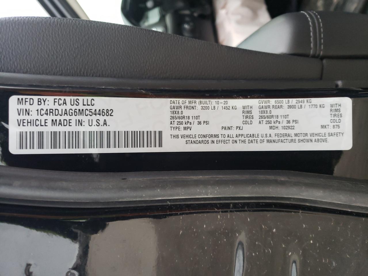 Photo 10 from auction – 2021 DODGE DURANGO SX with VIN 1C4RDJAG6MC544682