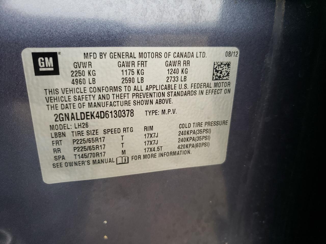 Photo 10 from auction – 2013 CHEVROLET EQUINOX LT with VIN 2GNALDEK4D6130378