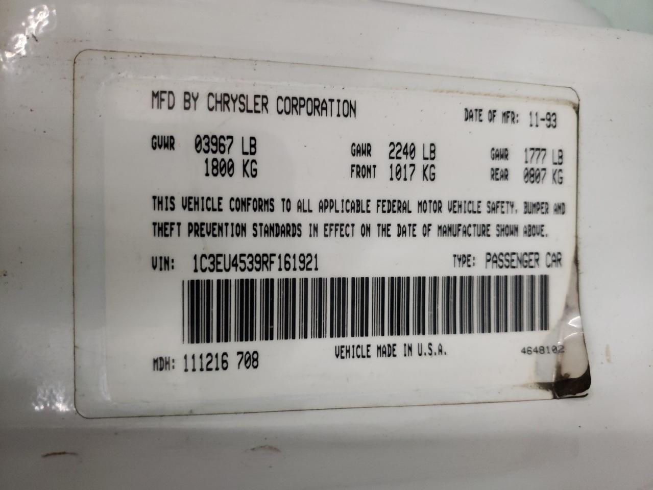 Photo 10 from auction – 1994 CHRYSLER LEBARON BA with VIN 1C3EU4539RF161921