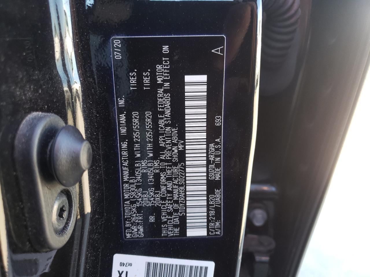 Photo 10 from auction – 2020 TOYOTA HIGHLANDER with VIN 5TDYZRAH9LS022775