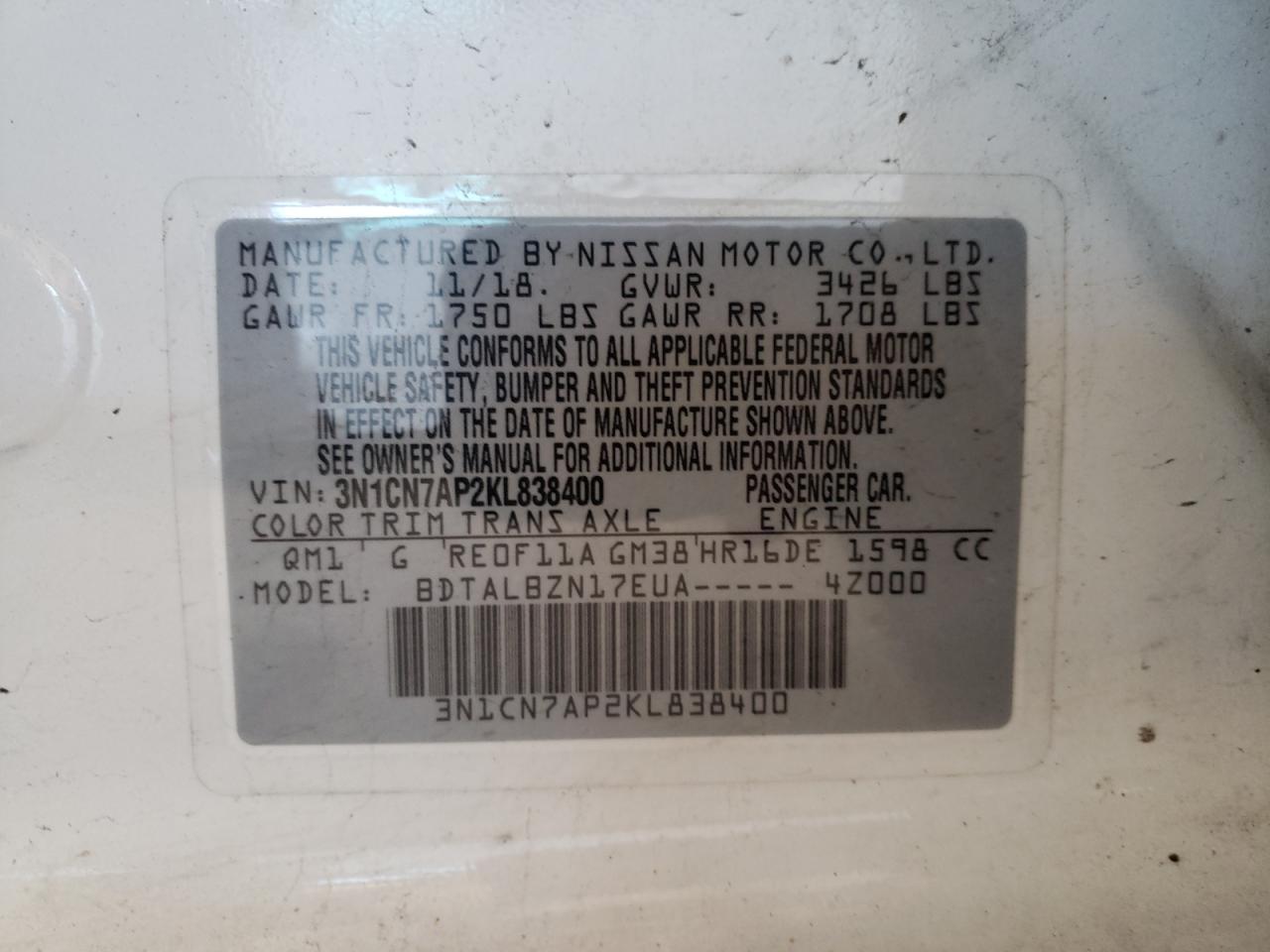 Photo 10 from auction – 2019 NISSAN VERSA S with VIN 3N1CN7AP2KL838400