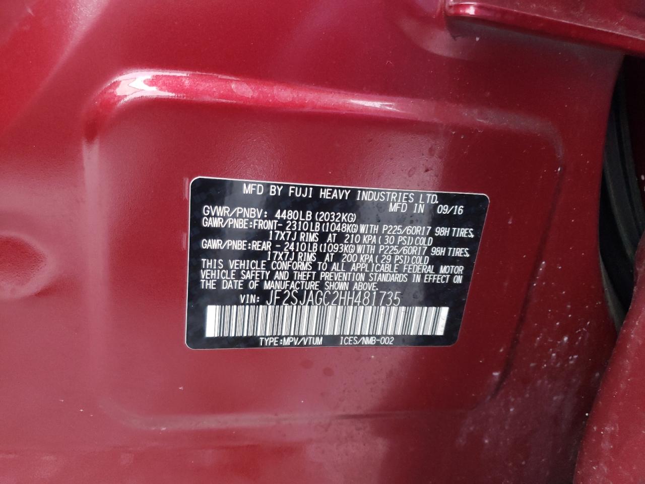 Photo 10 from auction – 2017 SUBARU FORESTER 2 with VIN JF2SJAGC2HH481735