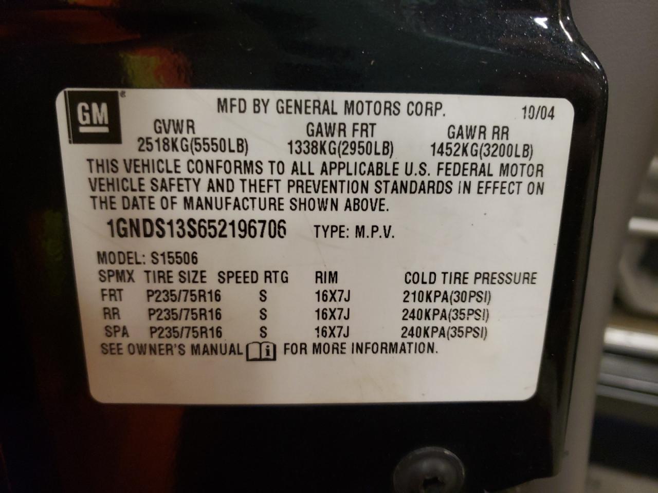 Photo 10 from auction – 2005 CHEVROLET TRAILBLAZE with VIN 1GNDS13S652196706