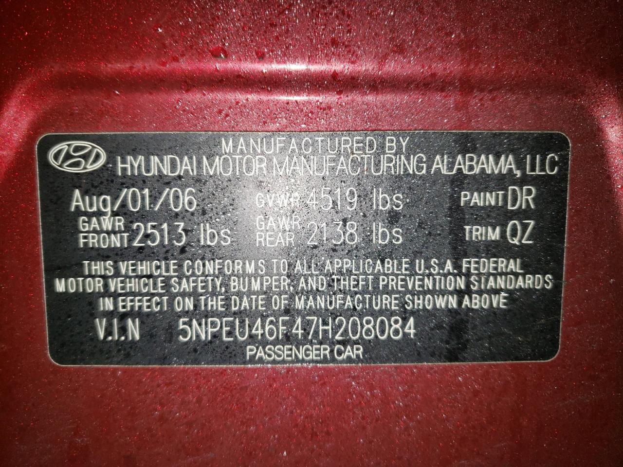 Photo 10 from auction – 2007 HYUNDAI SONATA SE with VIN 5NPEU46F47H208084