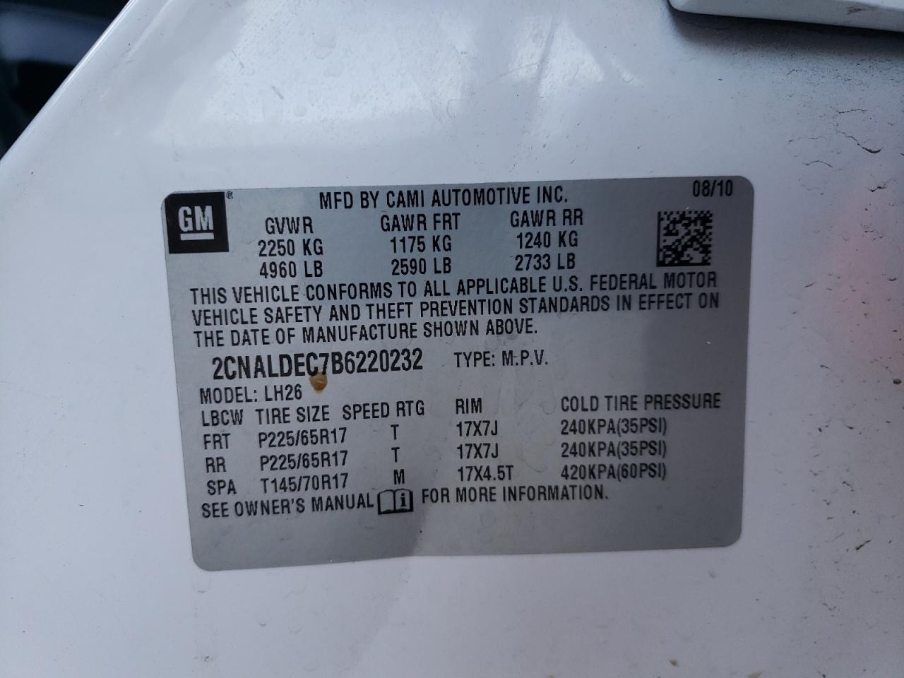 Photo 10 from auction – 2011 CHEVROLET EQUINOX LT with VIN 2CNALDEC7B6220232