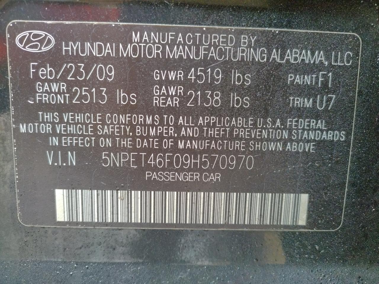 Photo 10 from auction – 2009 HYUNDAI SONATA GLS with VIN 5NPET46F09H570970