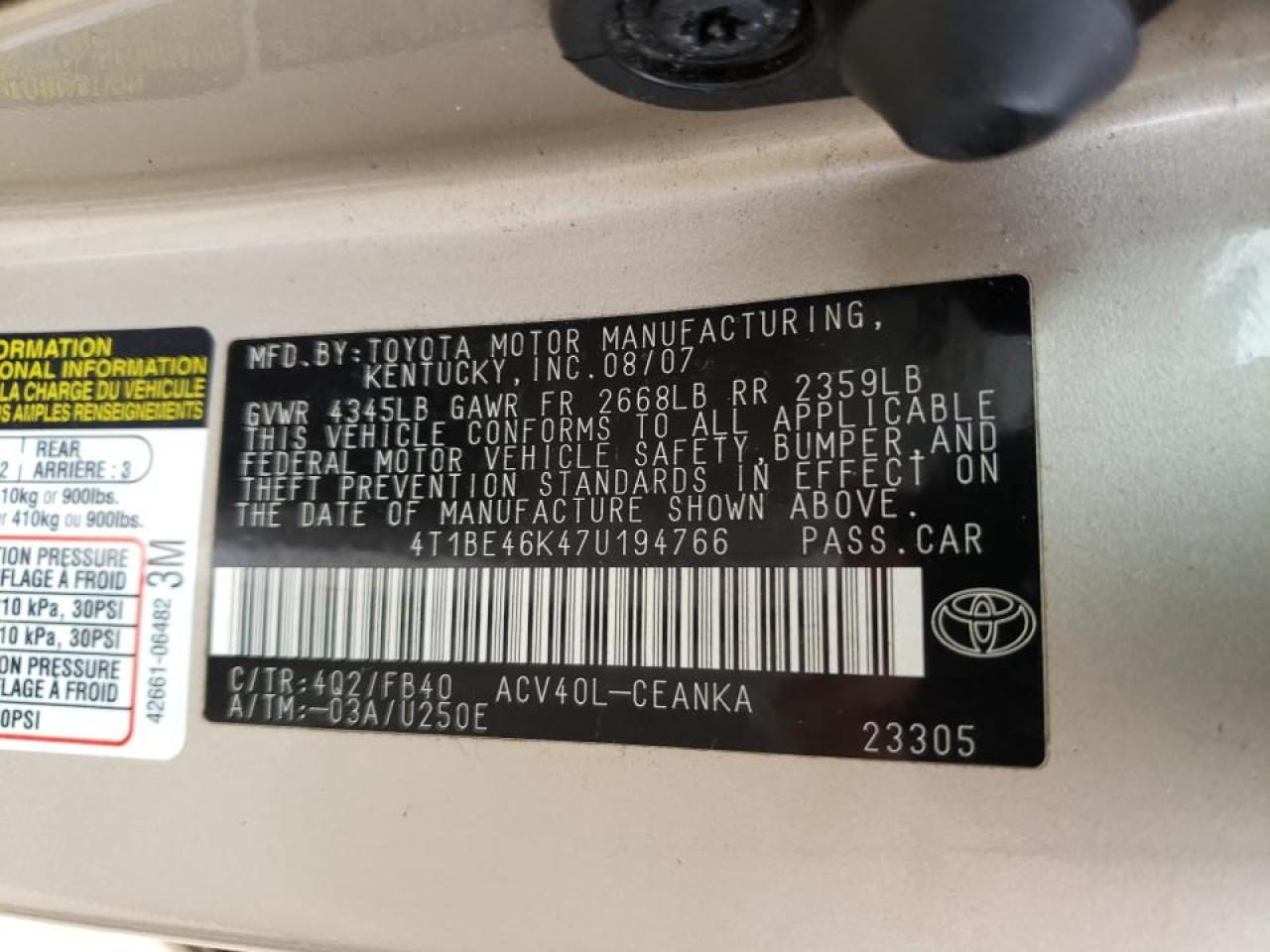 Photo 10 from auction – 2007 TOYOTA CAMRY with VIN 4T1BE46K47U194766