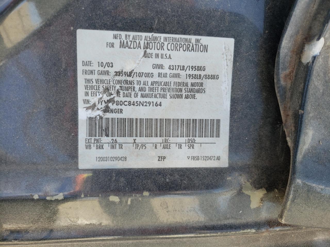 Photo 10 from auction – 2004 MAZDA MAZDA6 with VIN 1YVFP80C845N29164