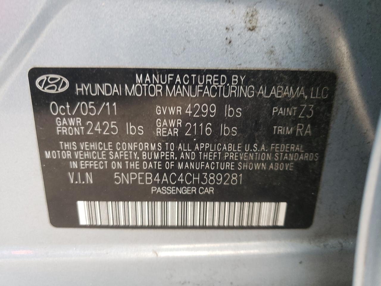 Photo 10 from auction – 2012 HYUNDAI SONATA GLS with VIN 5NPEB4AC4CH389281