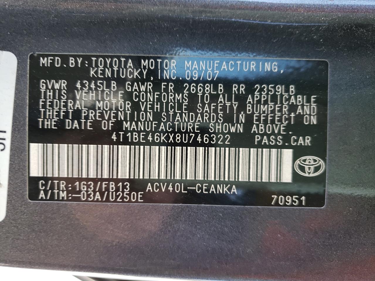 Photo 10 from auction – 2008 TOYOTA CAMRY CE with VIN 4T1BE46KX8U746322