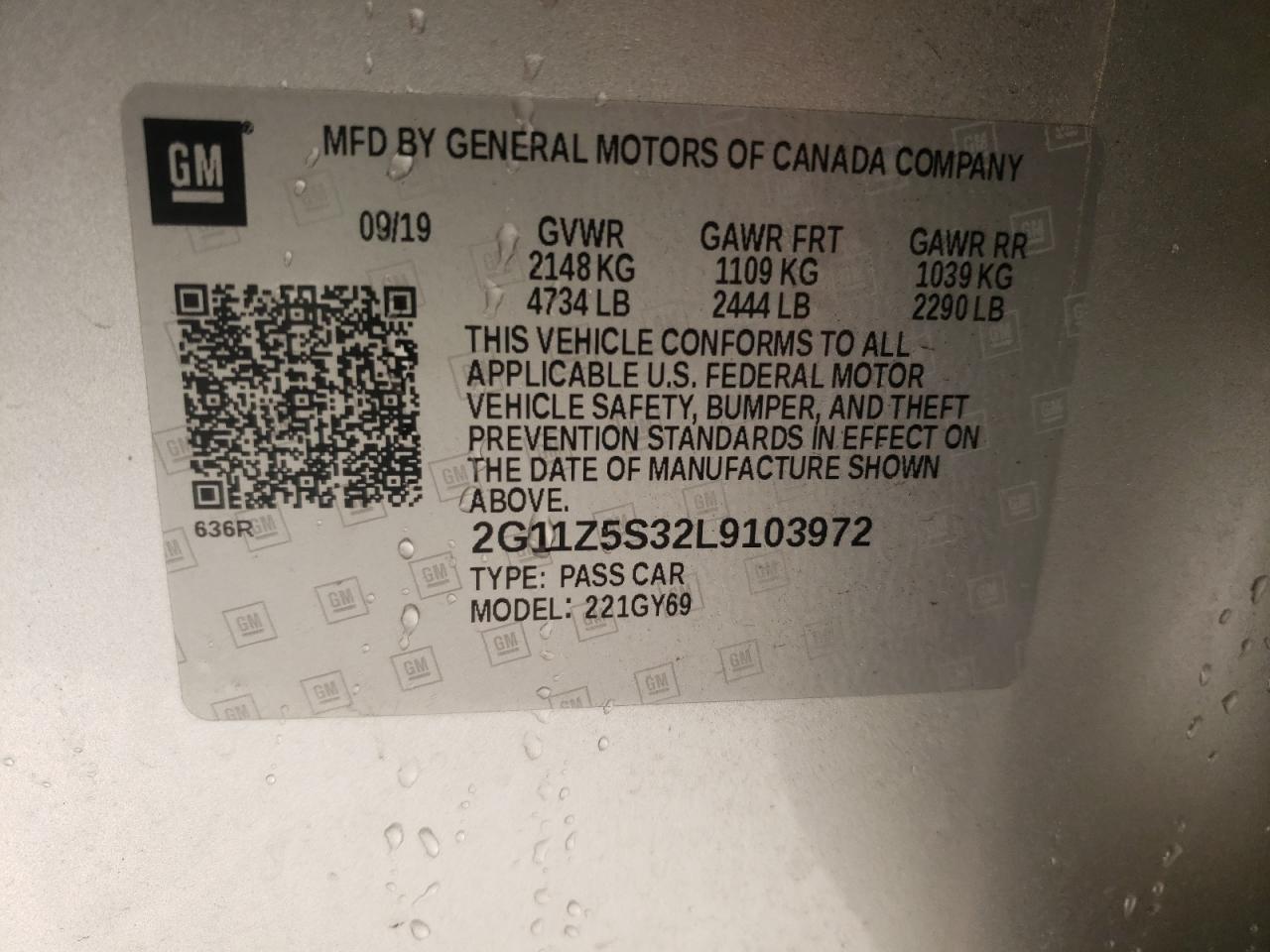 Photo 10 from auction – 2020 CHEVROLET IMPALA LT with VIN 2G11Z5S32L9103972