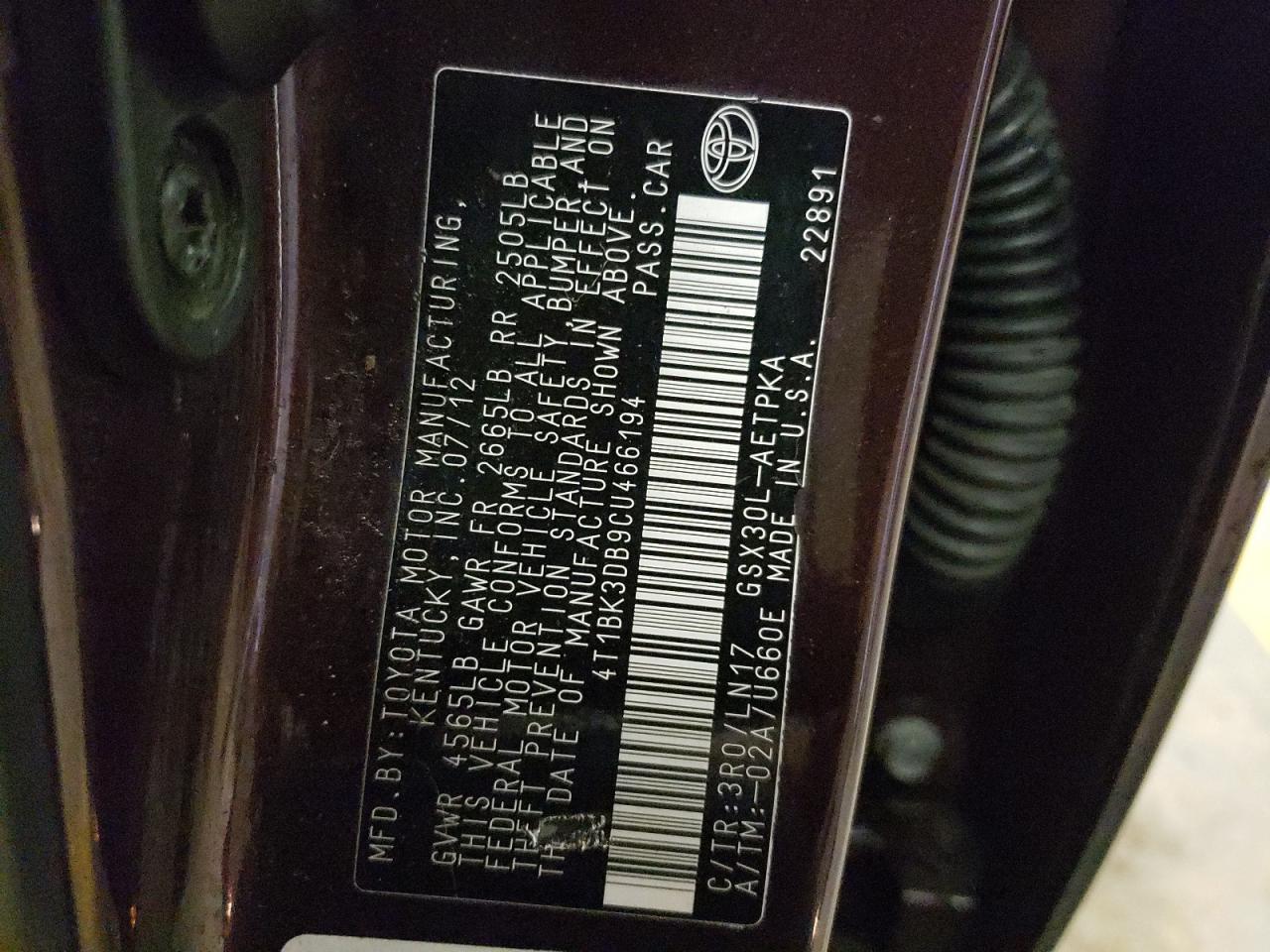 Photo 10 from auction – 2012 TOYOTA AVALON BAS with VIN 4T1BK3DB9CU466194