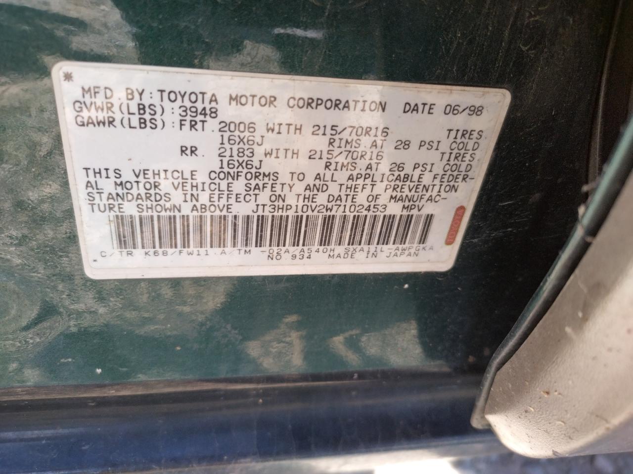 Photo 10 from auction – 1998 TOYOTA RAV4 with VIN JT3HP10V2W7102453