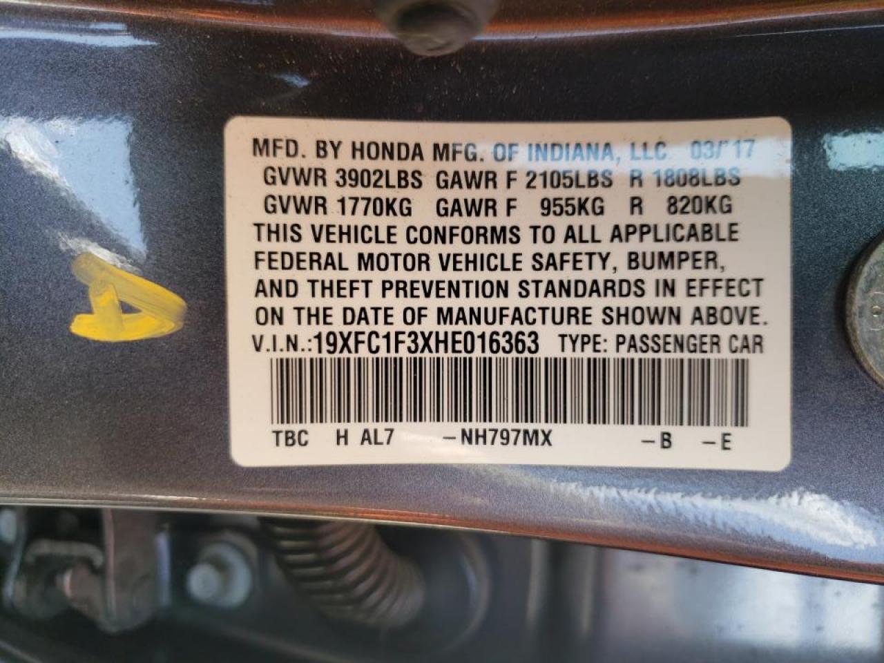 Photo 10 from auction – 2017 HONDA CIVIC EX with VIN 19XFC1F3XHE016363