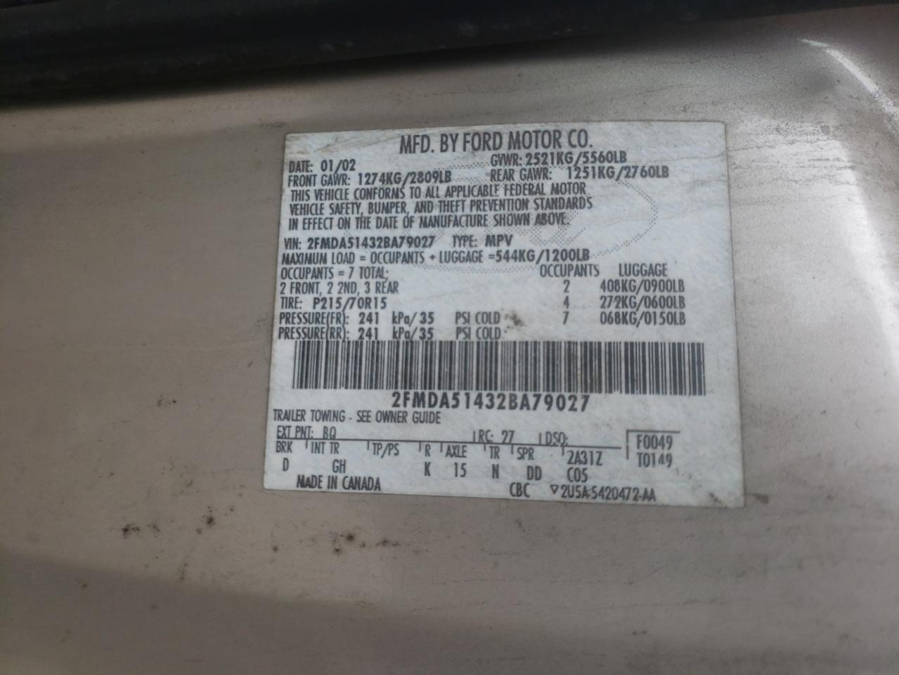 Photo 10 from auction – 2002 FORD WINDSTAR L with VIN 2FMDA51432BA79027