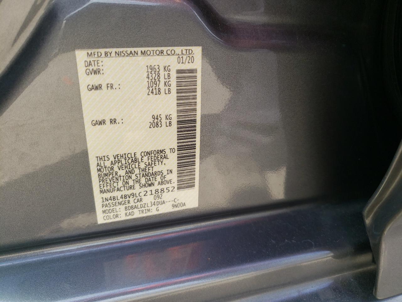Photo 10 from auction – 2020 NISSAN ALTIMA S with VIN 1N4BL4BV9LC218852