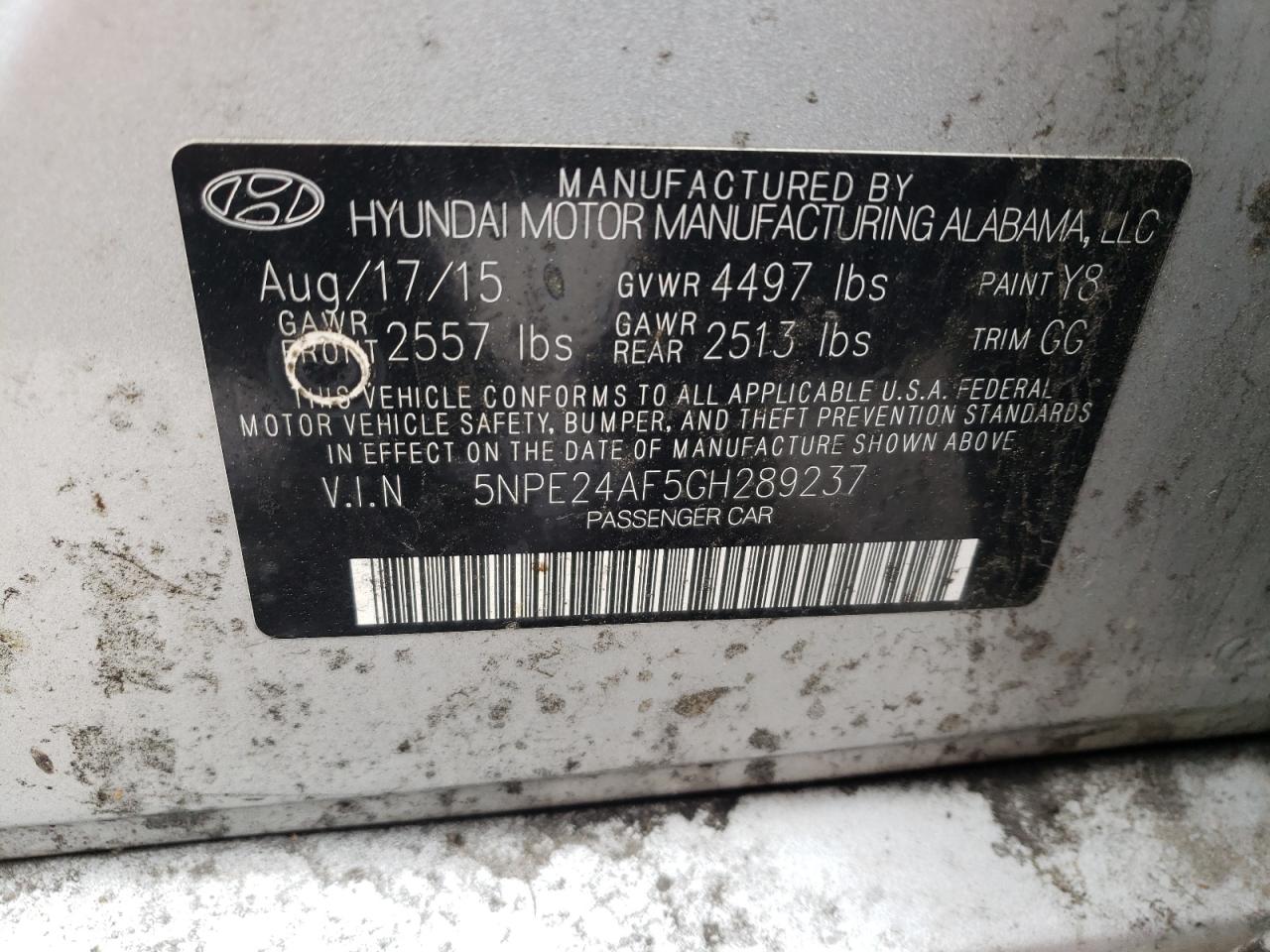 Photo 10 from auction – 2016 HYUNDAI SONATA SE with VIN 5NPE24AF5GH289237