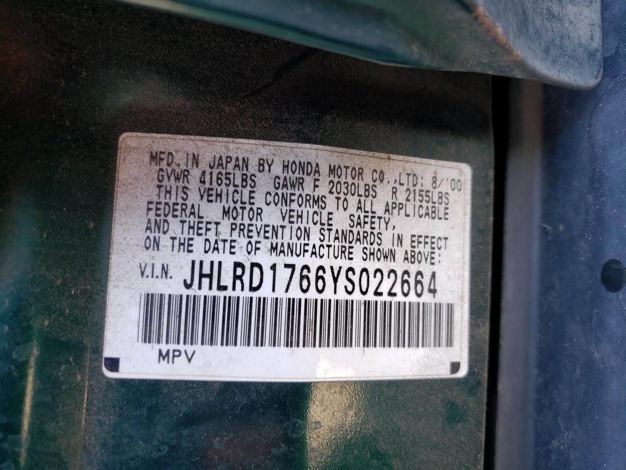 Photo 10 from auction – 2000 HONDA CR-V EX with VIN JHLRD1766YS022664
