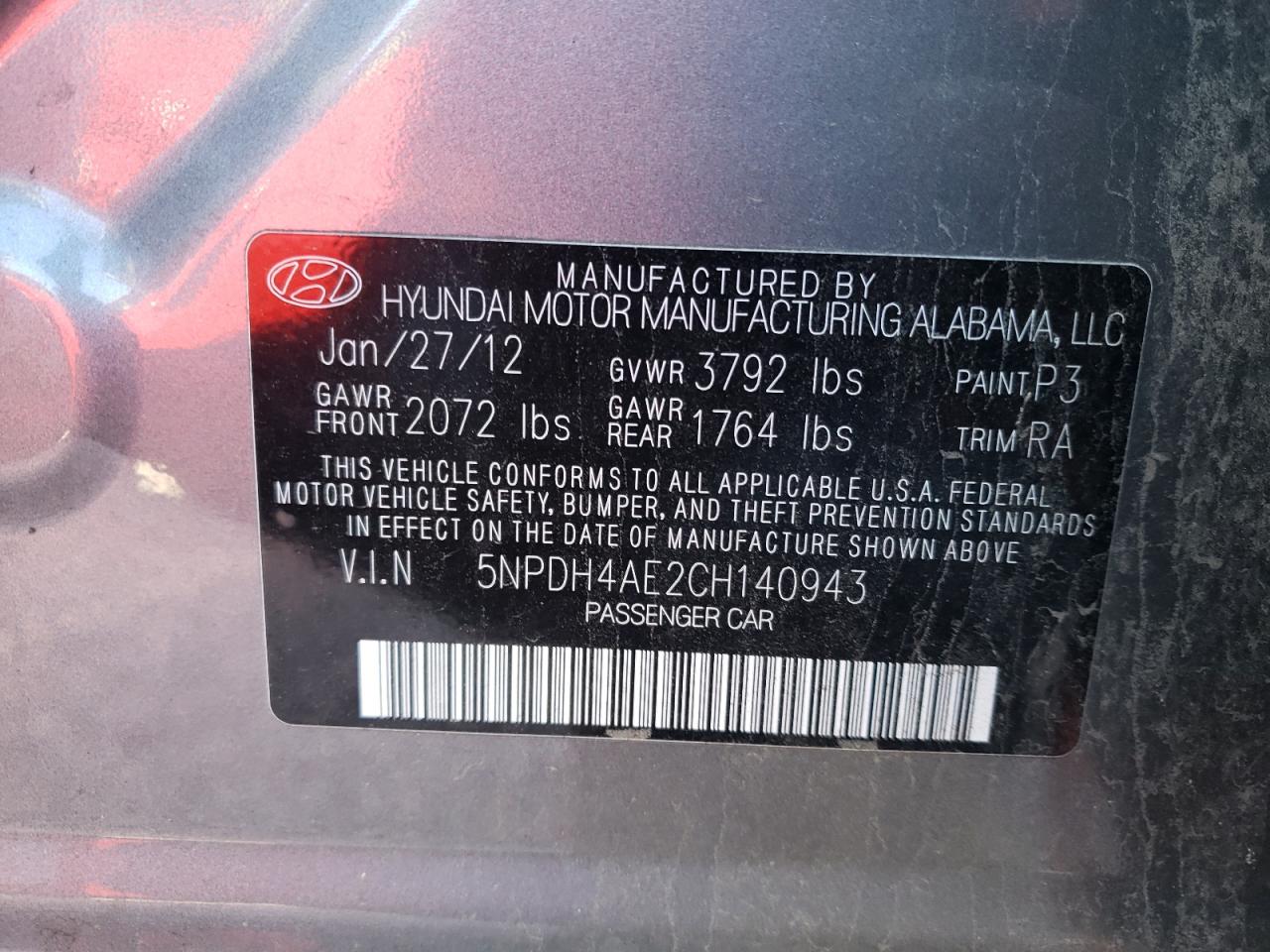 Photo 10 from auction – 2012 HYUNDAI ELANTRA GL with VIN 5NPDH4AE2CH140943