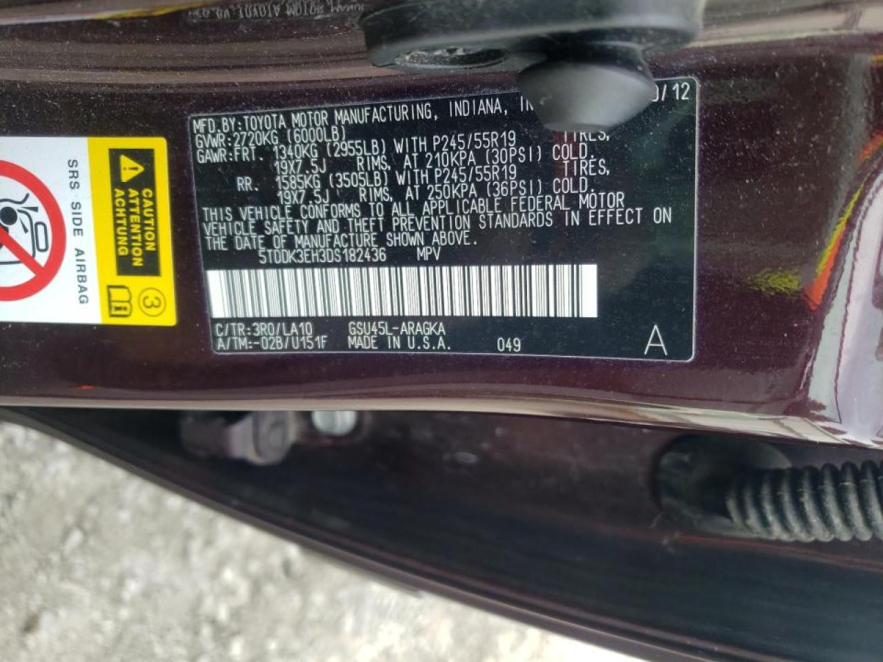 Foto 10 de la subasta – 2013 TOYOTA HIGHLANDER con VIN 5TDDK3EH3DS182436
