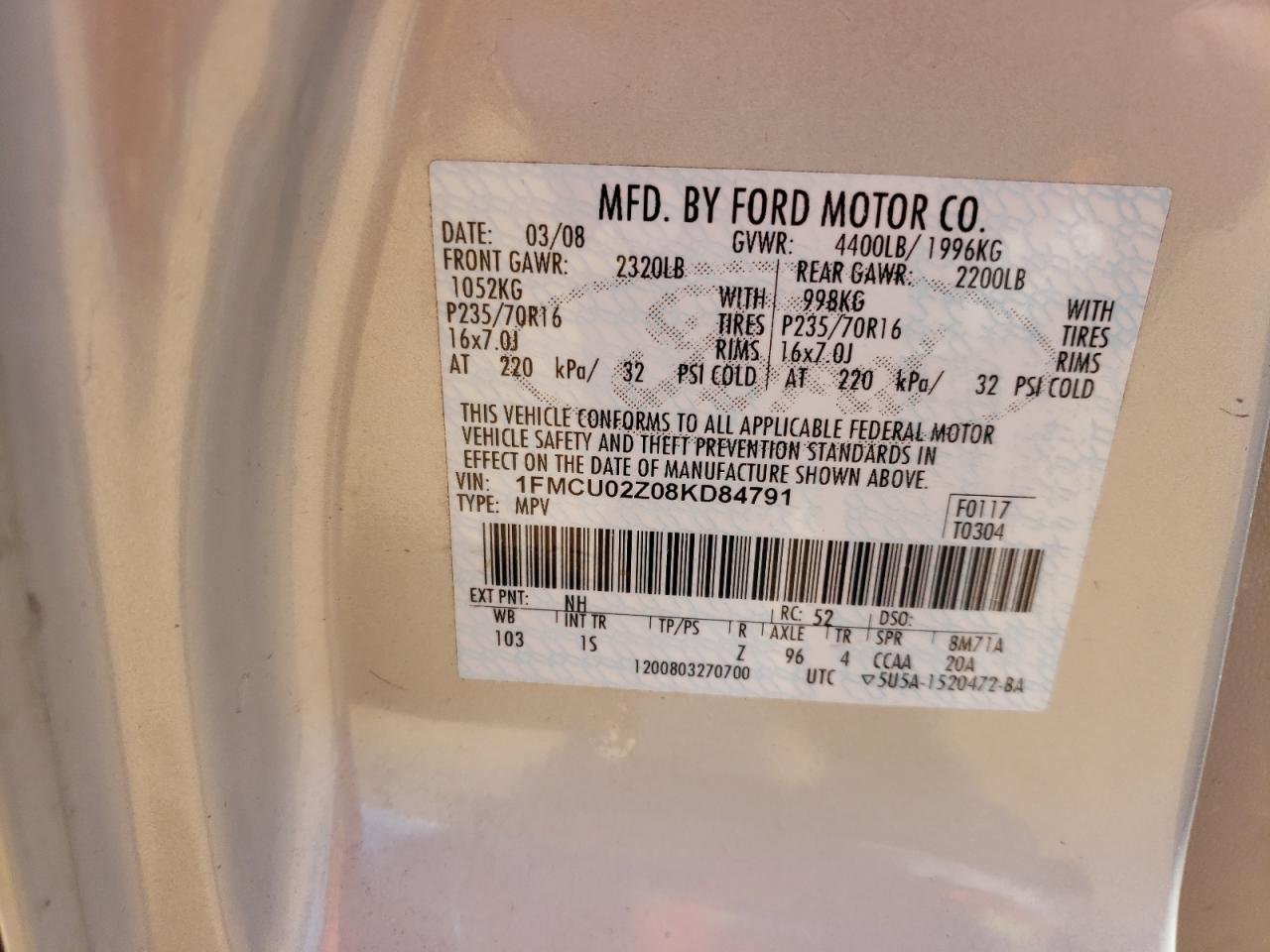 Photo 10 from auction – 2008 FORD ESCAPE XLS with VIN 1FMCU02Z08KD84791