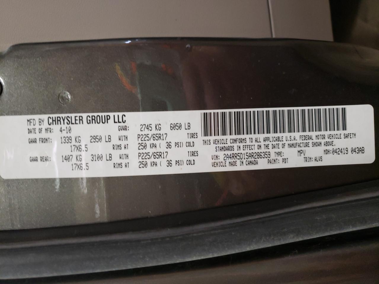 Photo 10 from auction – 2010 CHRYSLER TOWN & COU with VIN 2A4RR5D15AR286359