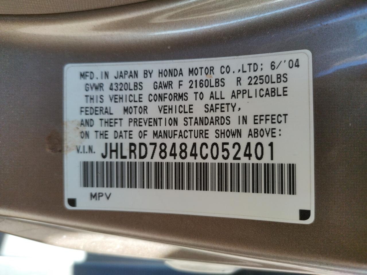 Photo 10 from auction – 2004 HONDA CR-V LX with VIN JHLRD78484C052401