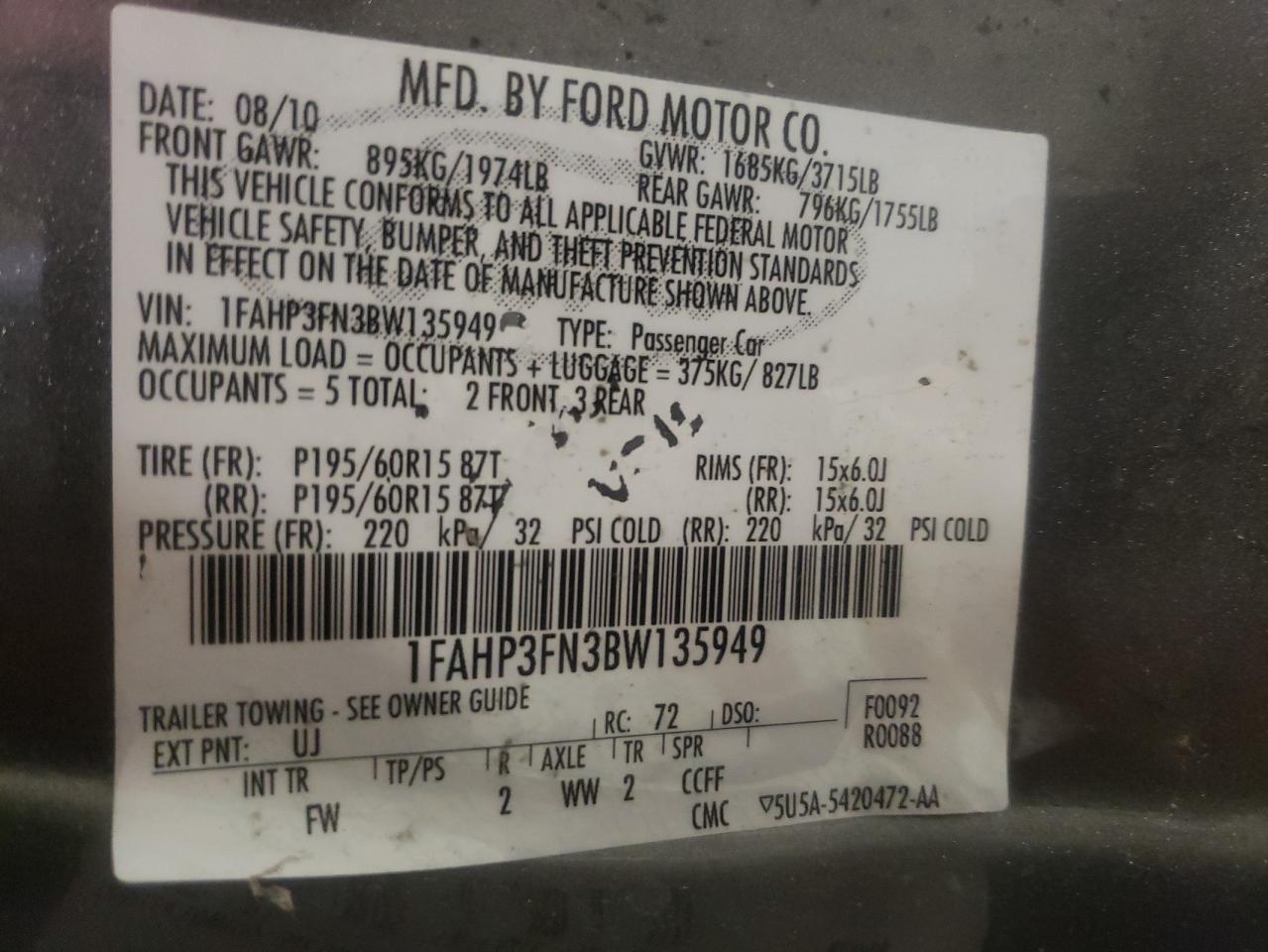 Photo 10 from auction – 2011 FORD FOCUS SE with VIN 1FAHP3FN3BW135949