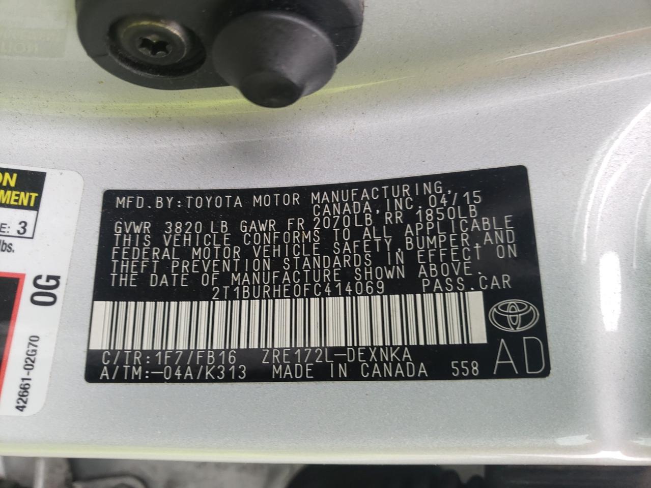 Photo 10 from auction – 2015 TOYOTA COROLLA L with VIN 2T1BURHE0FC414069