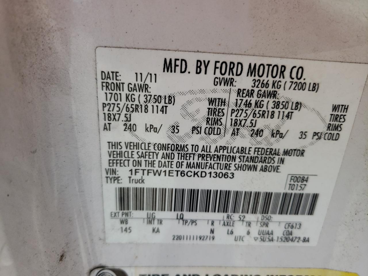 Photo 10 from auction – 2012 FORD F150 SUPER with VIN 1FTFW1ET6CKD13063